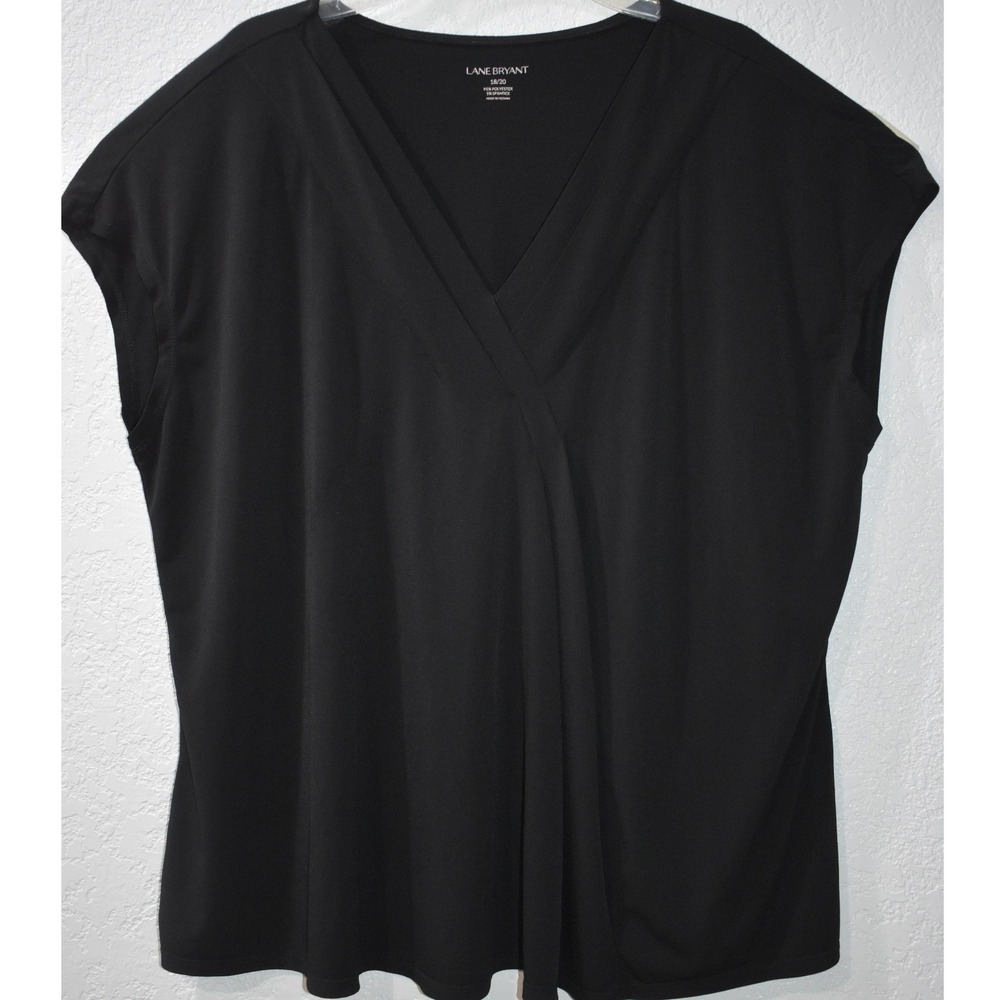 Lane Bryant 2X Top Stretchy Black V-Neck Draped Front Cap Sleeve Blouse 18/20